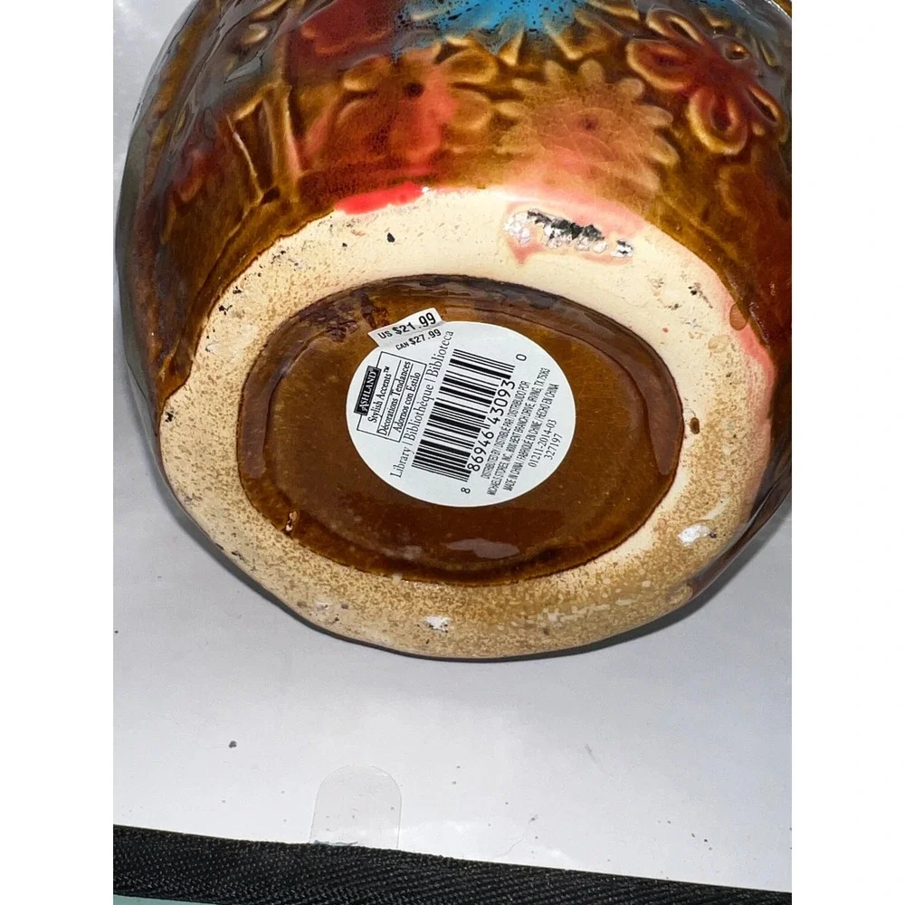 Ashland Stylish Accents Ceramic Owl Vase Planter Brown Floral Embossed 527197